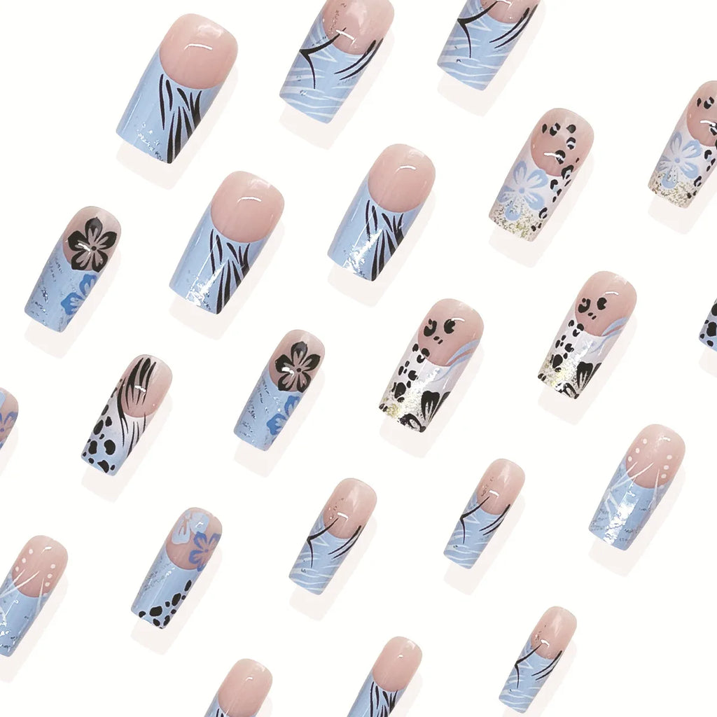 24Pcs fake nail art, summer blue and white jumping color medium long Chinese wearing nail art, fake nail patch black and white blue flower leopard print, anniversary gift, perfect gift for women, birthday gift, holiday gift