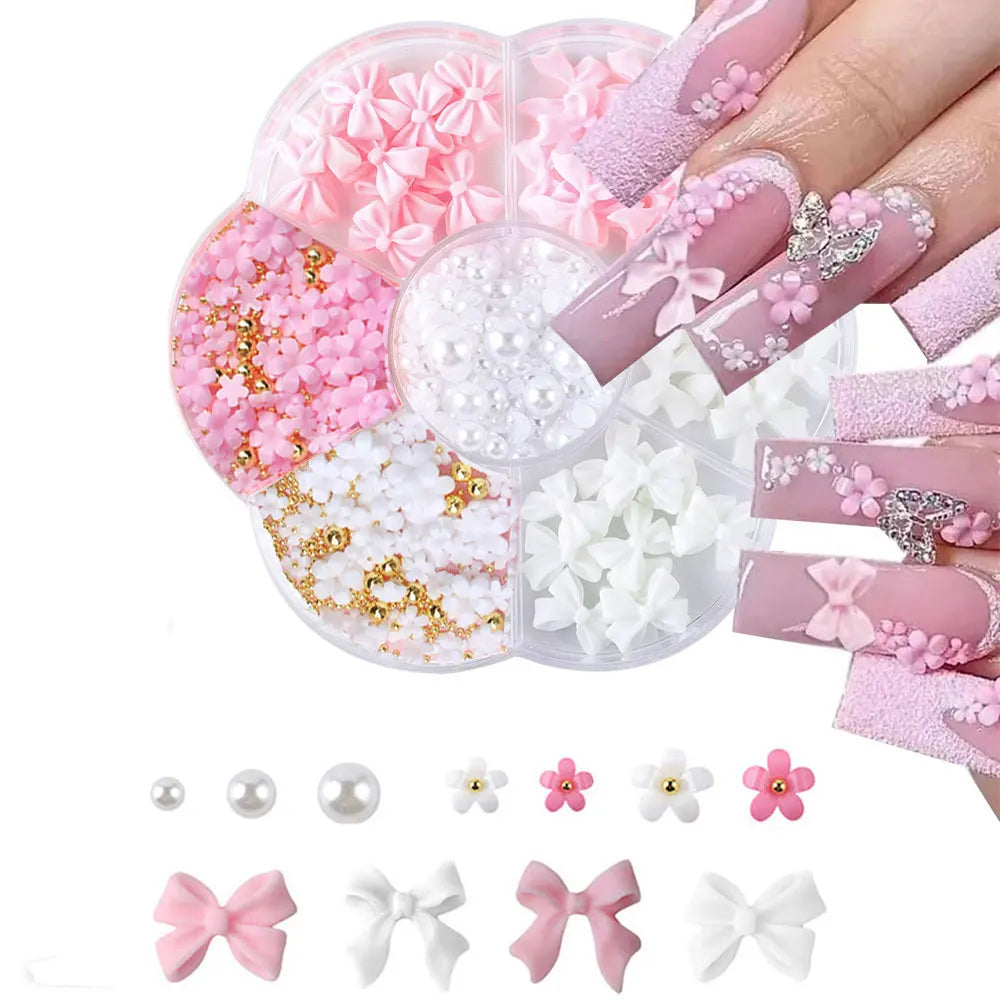 3D Flower Bow Nail Charms | Pearl Acrylic Nail Art Kit