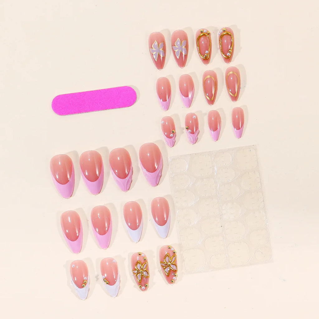 24Pcs fake nail art, wearing nail, medium almond shaped 3D three-dimensional gilded carved pearl steel ball decoration, removable fake nail, anniversary gift, perfect gift for women, birthday gift, holiday gift