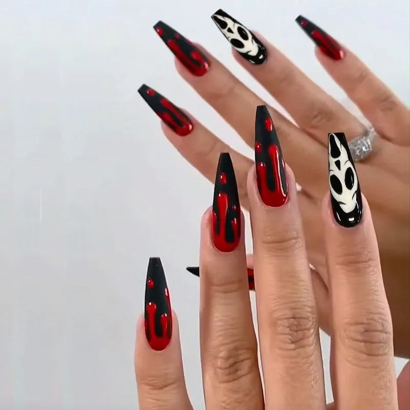 24pc Halloween Press On Nails, Red Ghost Coffin Acrylic Tips