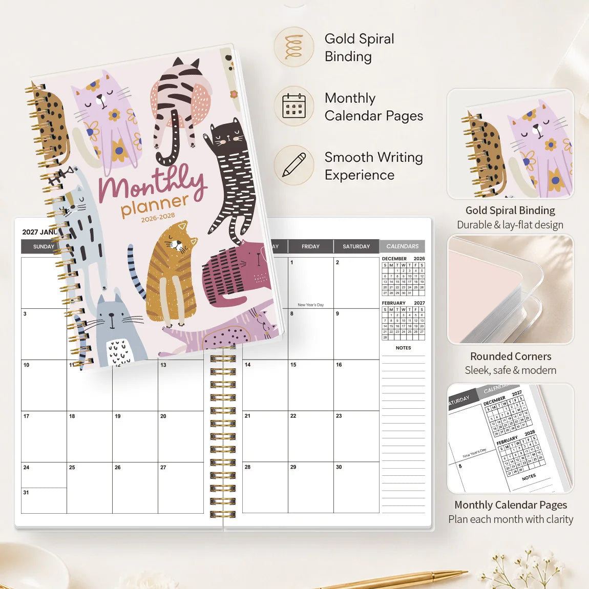 2026 2028 A5 Monthly Planner, Gold Spiral Cat Cover Organizer