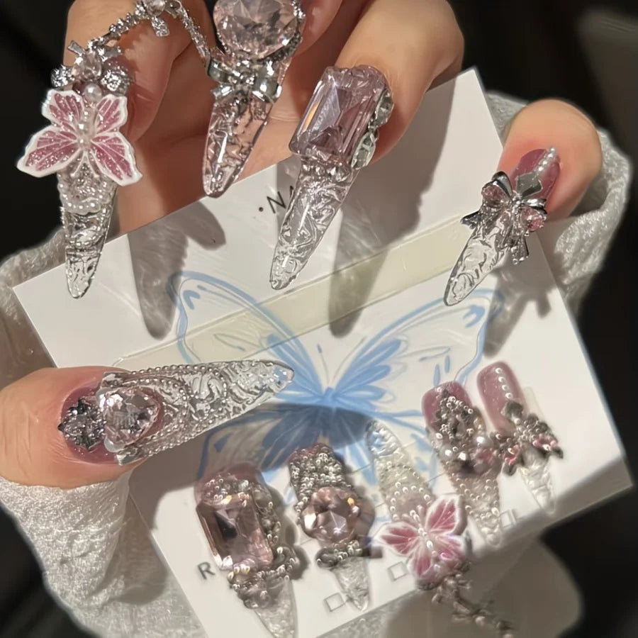 10-piece Handmade Translucent Glitter Butterfly Nail Art for Spring and Summer, Brightening and Whitening False Nails
