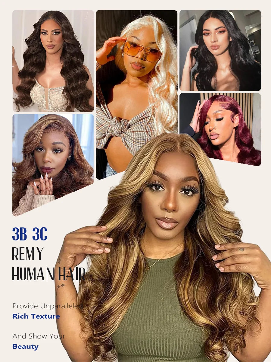 P4/27 Highlight Body Wave 40 Inch Long & 200% Density Human Hair Wigs HD