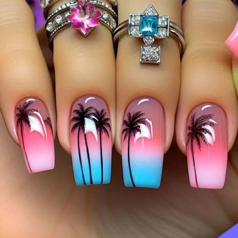 24pcs Mid-length Ballet Fake Acrylic Nails Flower Design Stick on Fake Nail Fashion Square Blue Artifical Wearable Press on Nails Tips Non-Brands