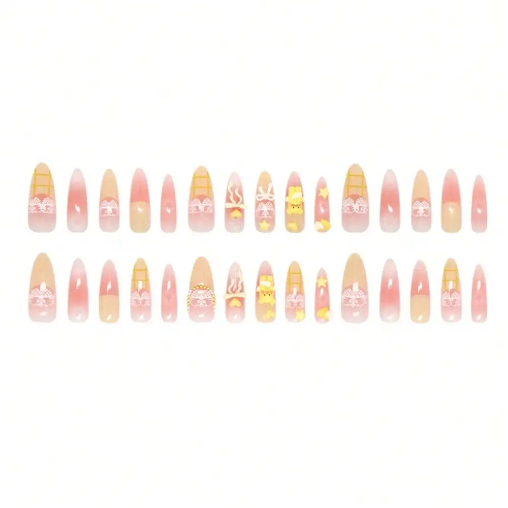 24Pcs Cute Bear Long Stiletto 3D Bear Star Nude Pink Press On Nails Sweet Lolita Manicure
