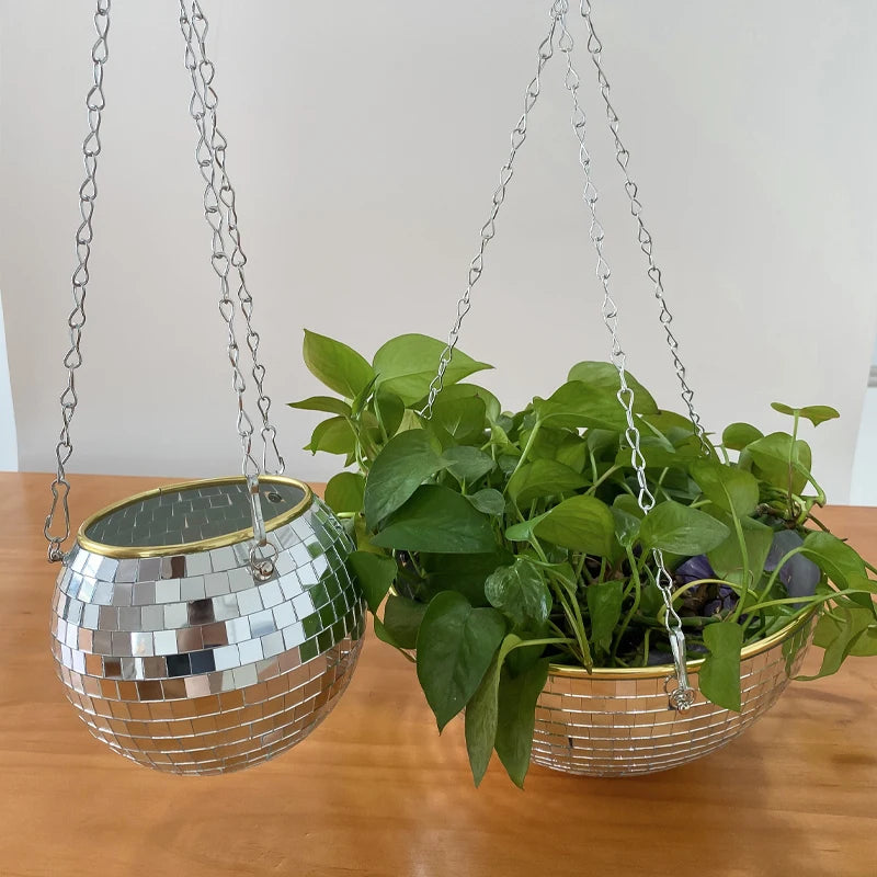Disco Mirror Ball Hanging Planter Basket Succulent Pot Wall Decor Vase Home