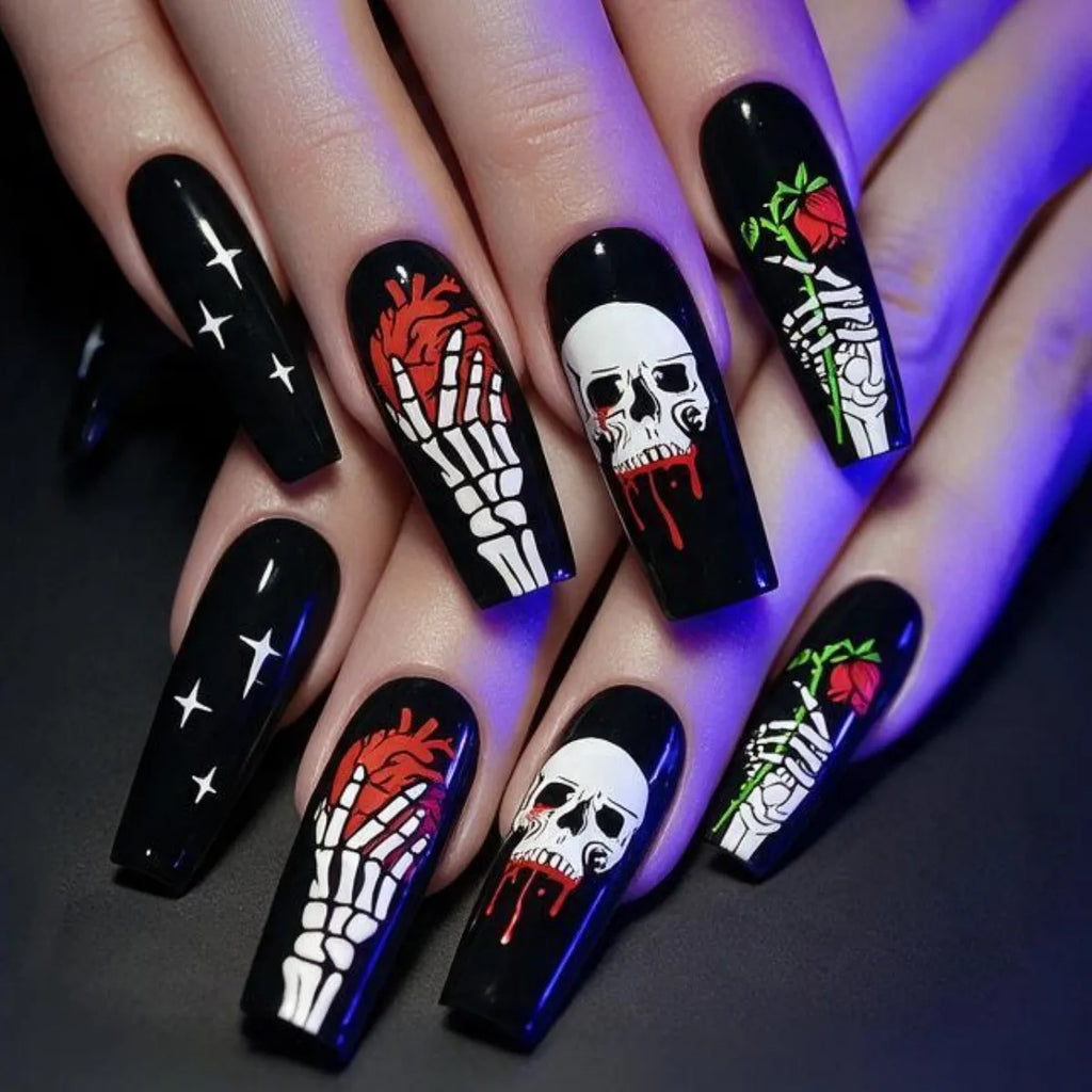 24pc Halloween Skull Press On Nails, Glitter Pink Ballet Tips