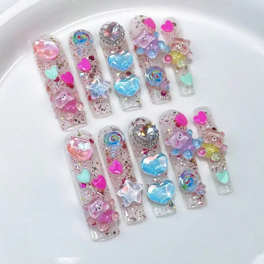 Cute 3D Bear-Themed Nail Art Stickers With Medium-Length European And American Style, Featuring Glittery, Translucent, And Handmade Detachable False Nails.