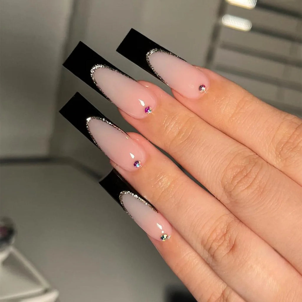 24Pcs Leopard Print Design False Nails with Bow Rhinestone Long Square Press on Nails Wearable French Ballet Fake Nail Tips