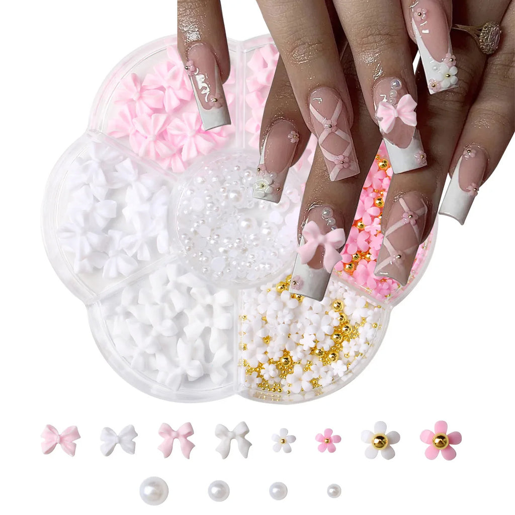 3D Flower Bow Nail Charms | Pearl Acrylic Nail Art Kit