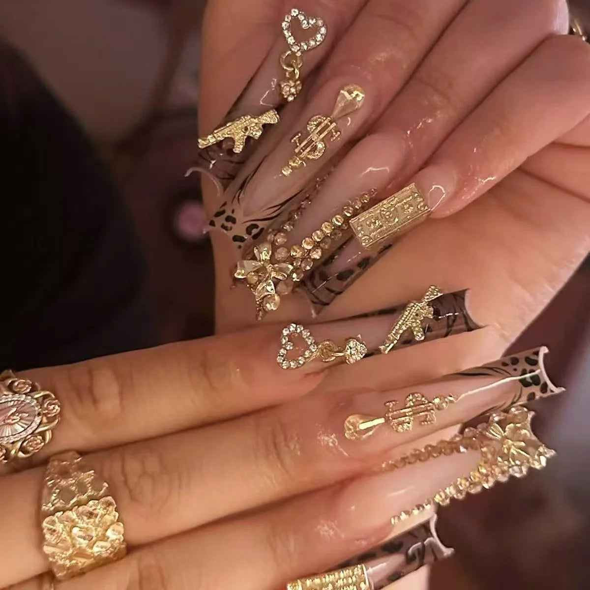 24pcs long square Press on Nails wealth decora French 3D Bow rhinestone Pink Fake Nails Cute Long Nail Art wearable detachable