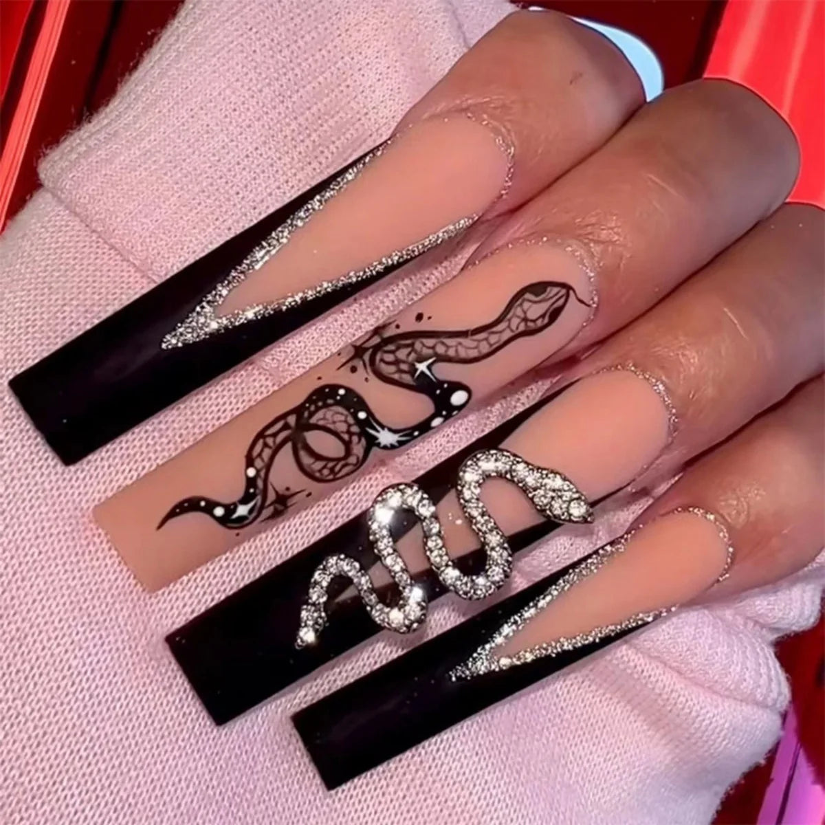 24Pcs Leopard Print Design False Nails with Bow Rhinestone Long Square Press on Nails Wearable French Ballet Fake Nail Tips