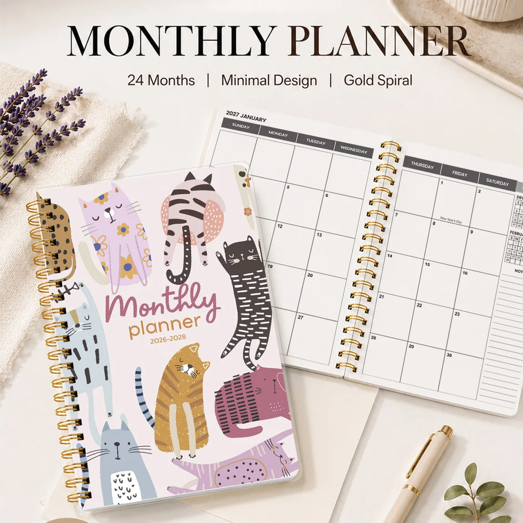 2026 2028 A5 Monthly Planner, Gold Spiral Cat Cover Organizer