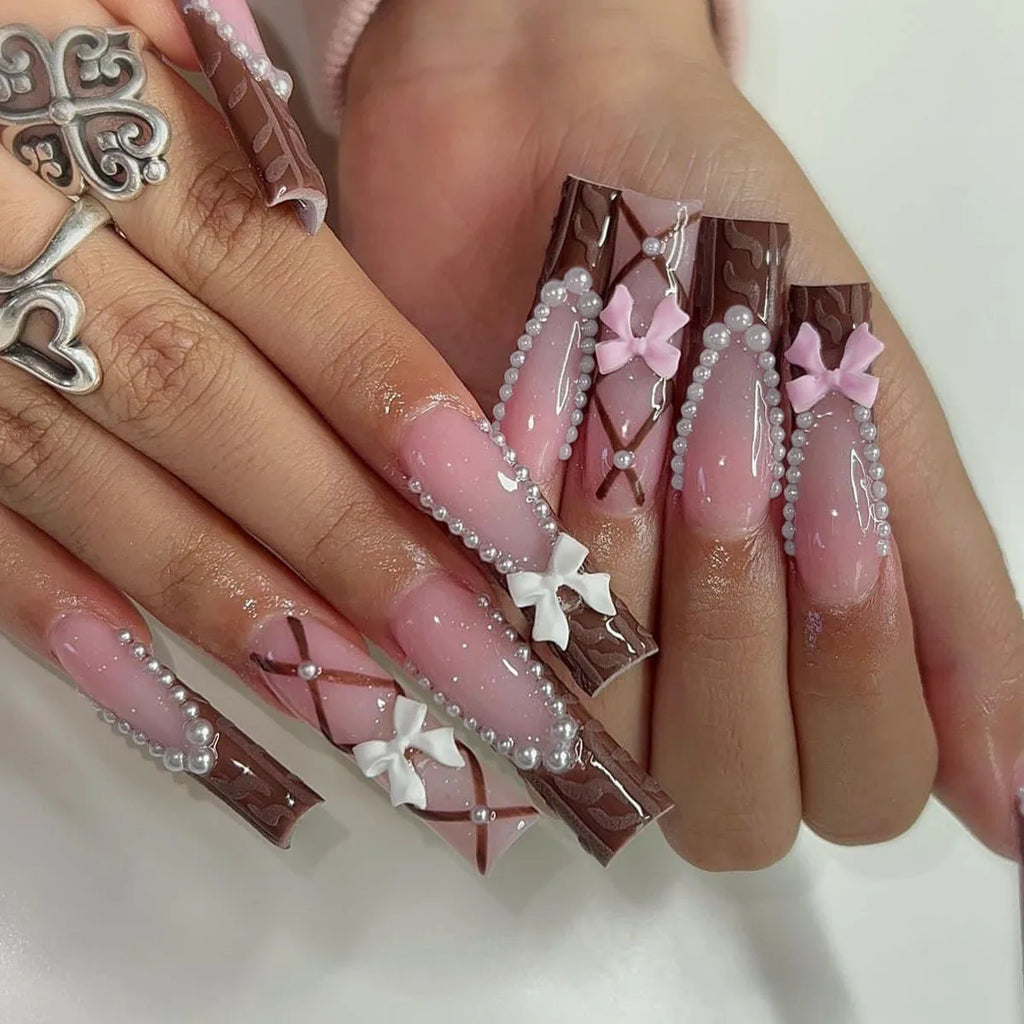 24Pcs Leopard Print Design False Nails with Bow Rhinestone Long Square Press on Nails Wearable French Ballet Fake Nail Tips