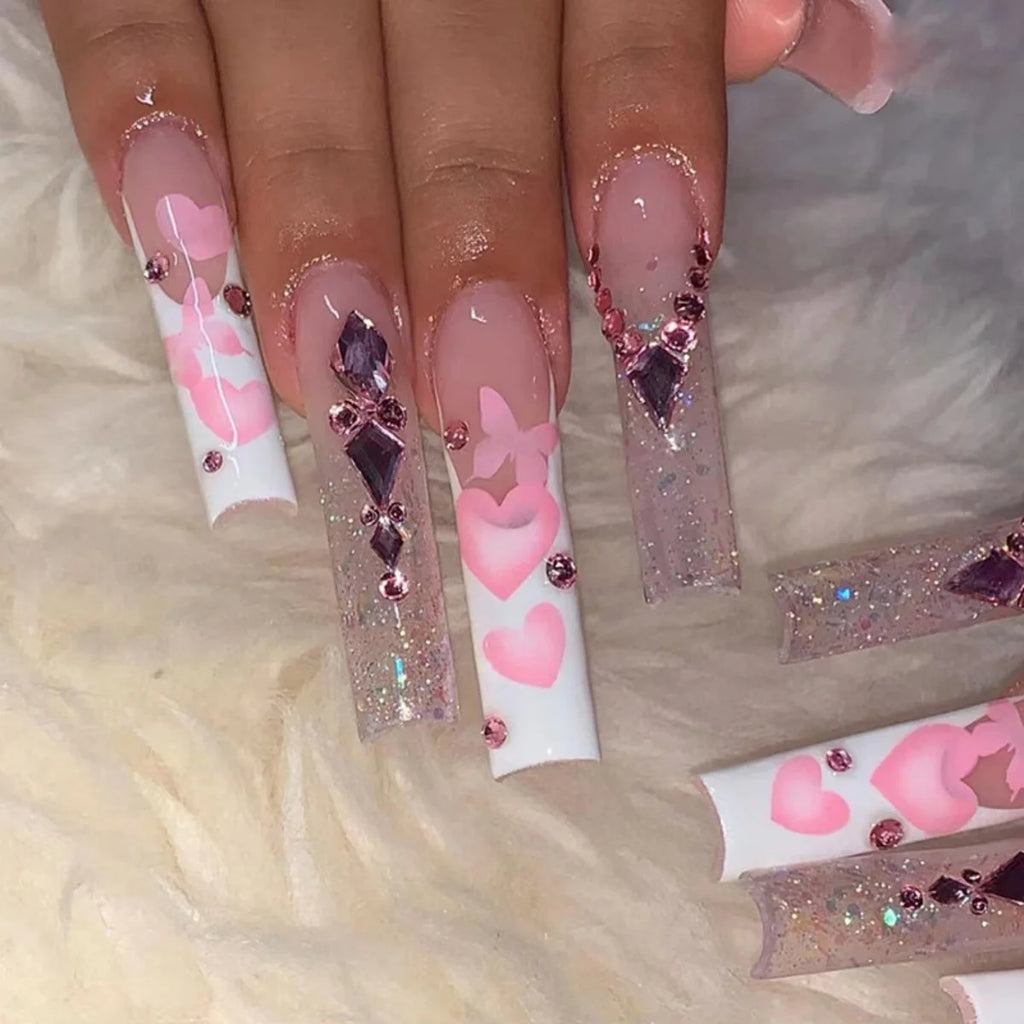 24Pcs Leopard Print Design False Nails with Bow Rhinestone Long Square Press on Nails Wearable French Ballet Fake Nail Tips