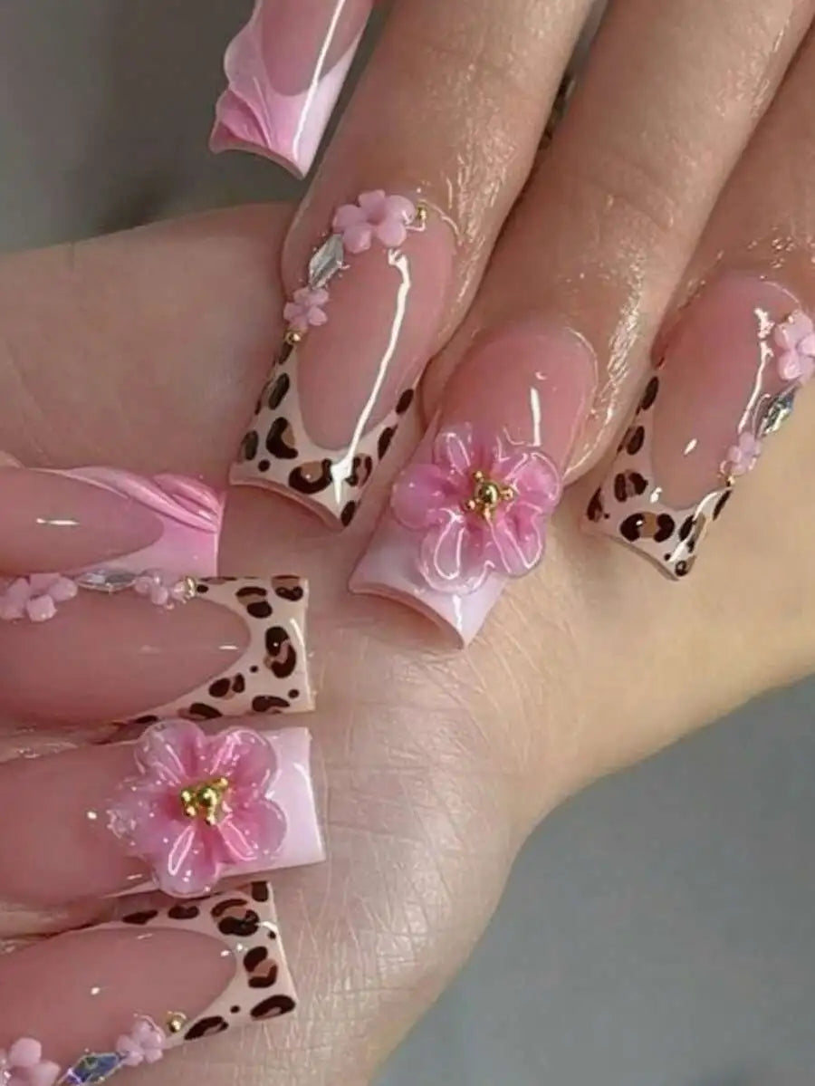 10pcs - Y2K Style Leopard Print Pink Flower Press On Nails, Pink Flower Gold Bead Square Nails - Leopard Print Design, Nude Pink Gradient, Sparkling Rhinestone Embellishment Fake Nails - Suitable For Daily, Party, And Outdoor