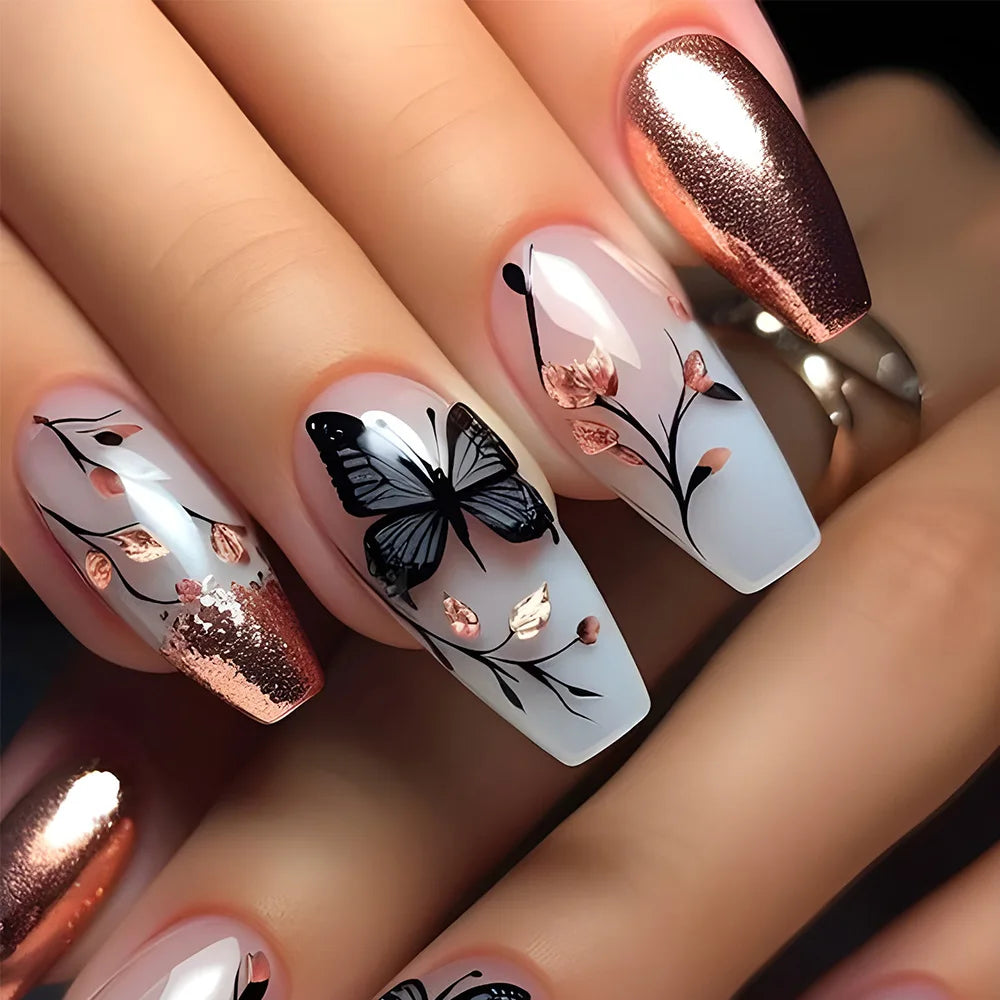 24pcs Mid-length Ballet Fake Acrylic Nails Flower Design Stick on Fake Nail Fashion Square Blue Artifical Wearable Press on Nails Tips Non-Brands