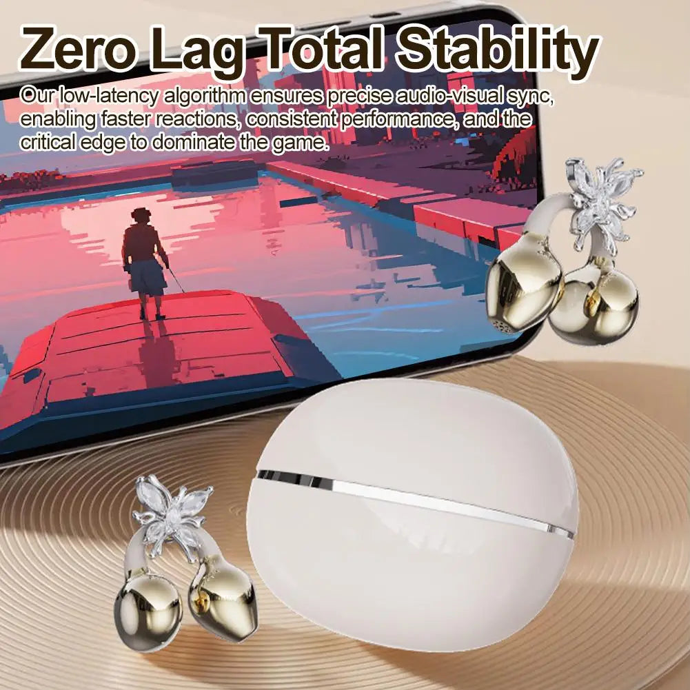 Wireless Open Ear Clip On Earbuds, Bluetooth Crystal Bowknot