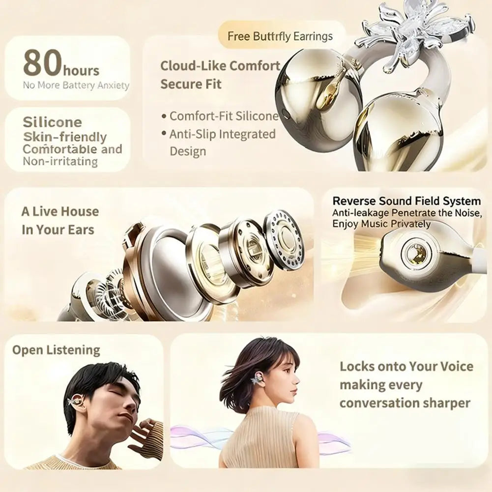 Wireless Open Ear Clip On Earbuds, Bluetooth Crystal Bowknot