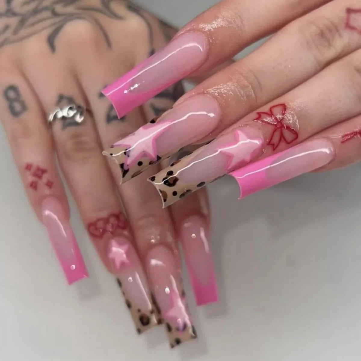 24pcs long square Press on Nails wealth decora French 3D Bow rhinestone Pink Fake Nails Cute Long Nail Art wearable detachable