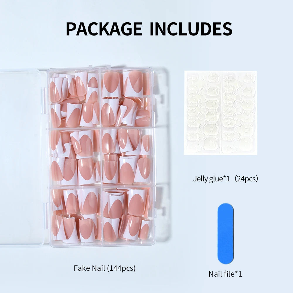 144pc White French Press On Nails, Duck Shape Acrylic Tips