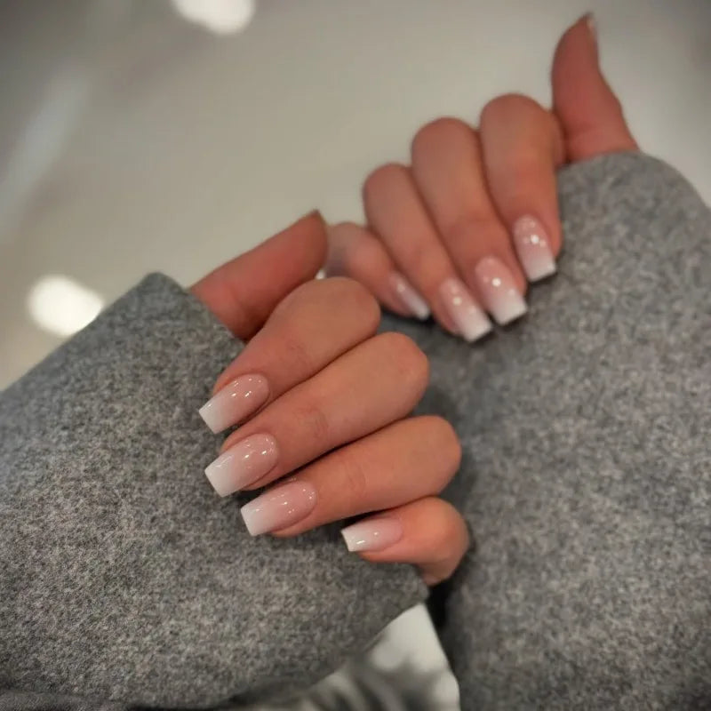 24 PCs Pink Long French Gradient Minimalist Nails with 1 Jelly Gel