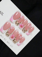 Y2K Leopard Pink Flower Press-On Nails | Rhinestone