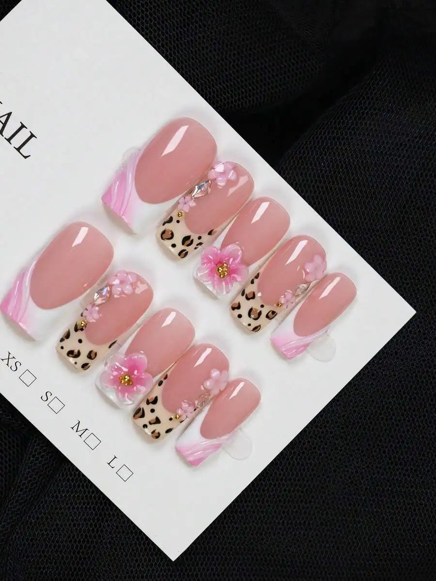 10pcs - Y2K Style Leopard Print Pink Flower Press On Nails, Pink Flower Gold Bead Square Nails - Leopard Print Design, Nude Pink Gradient, Sparkling Rhinestone Embellishment Fake Nails - Suitable For Daily, Party, And Outdoor