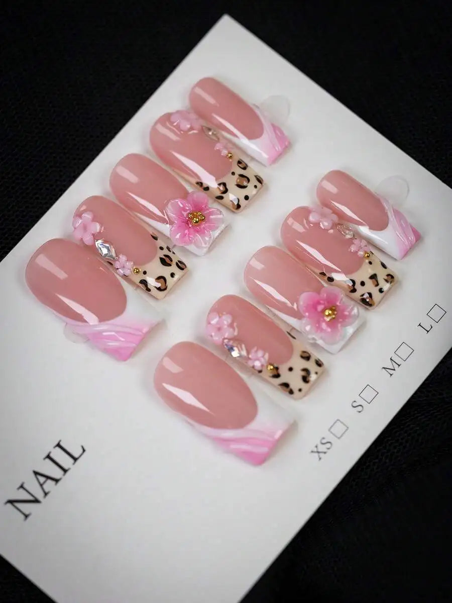 10pcs - Y2K Style Leopard Print Pink Flower Press On Nails, Pink Flower Gold Bead Square Nails - Leopard Print Design, Nude Pink Gradient, Sparkling Rhinestone Embellishment Fake Nails - Suitable For Daily, Party, And Outdoor
