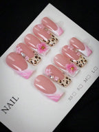 Y2K Leopard Pink Flower Press-On Nails | Rhinestone