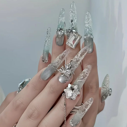 10Pcs Purely Handmade Adorned Press On Nails【Spring Mountain Cold Moon】High-end, Light Luxury Atmosphere, Pure and Ethereal, Clear and Transparent Nail Art, Purely Handmade Adorned Nails, Reusable False Nails, Suitable for Holiday