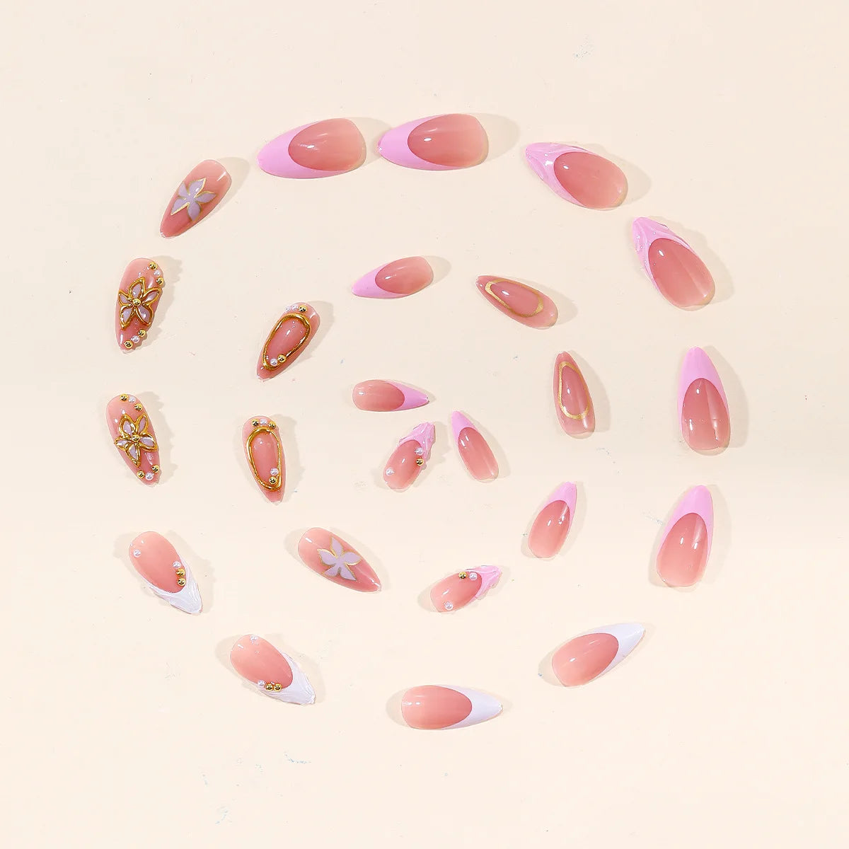 24Pcs fake nail art, wearing nail, medium almond shaped 3D three-dimensional gilded carved pearl steel ball decoration, removable fake nail, anniversary gift, perfect gift for women, birthday gift, holiday gift