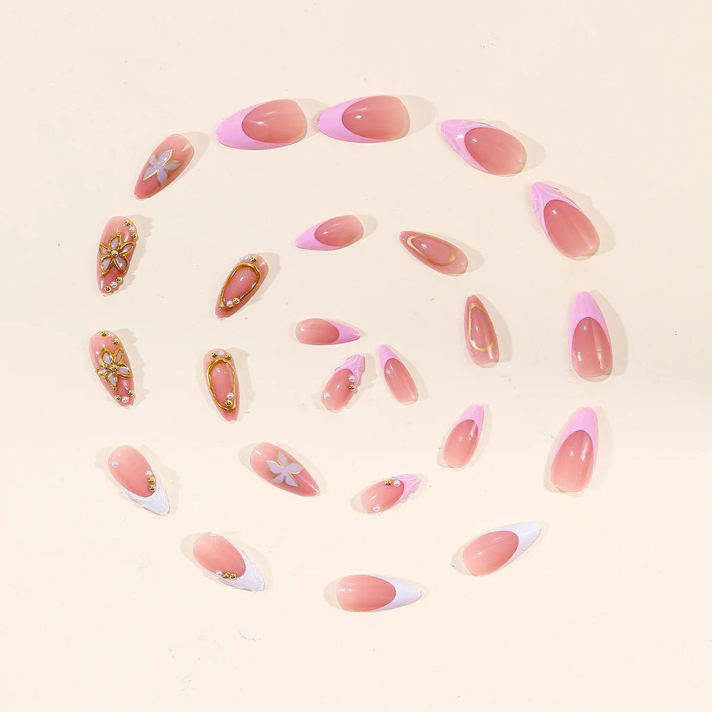 24Pcs fake nail art, wearing nail, medium almond shaped 3D three-dimensional gilded carved pearl steel ball decoration, removable fake nail, anniversary gift, perfect gift for women, birthday gift, holiday gift