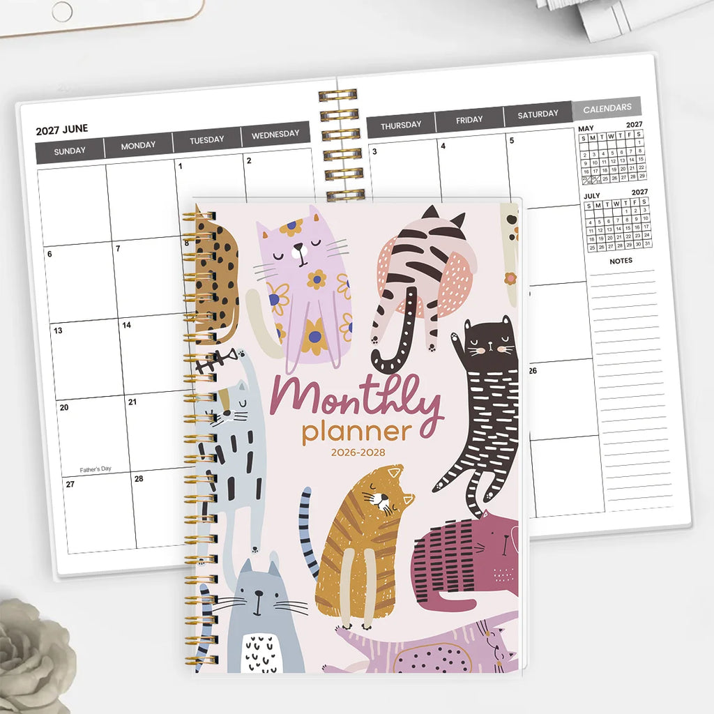 2026 2028 A5 Monthly Planner, Gold Spiral Cat Cover Organizer