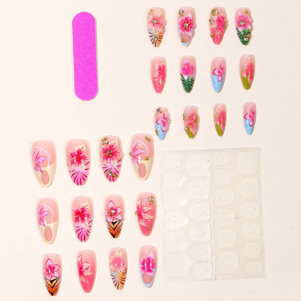 24Pcs fake nail art, light luxury style, 3D 3D drip glue flower steel ball, anniversary gift, perfect gift for women, birthday gift, holiday gift