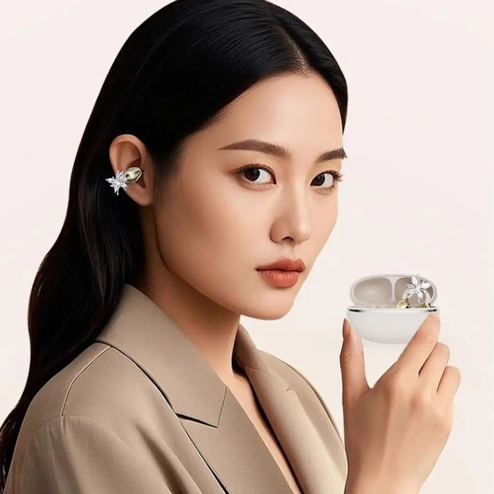 Wireless Open Ear Clip On Earbuds, Bluetooth Crystal Bowknot