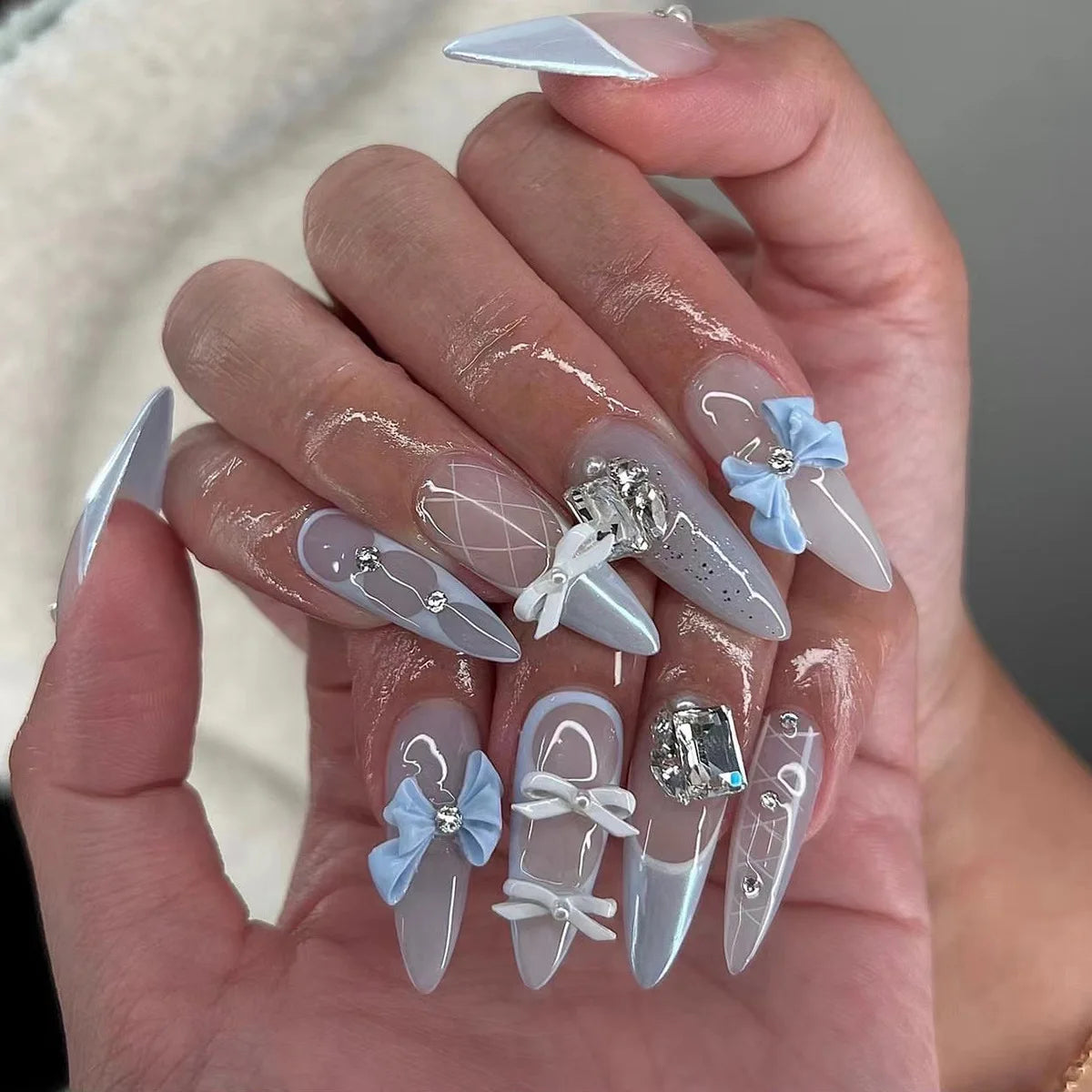 24pc Halloween Press-On Nails Black Y2K Butterfly Diamond Long Almond Tips