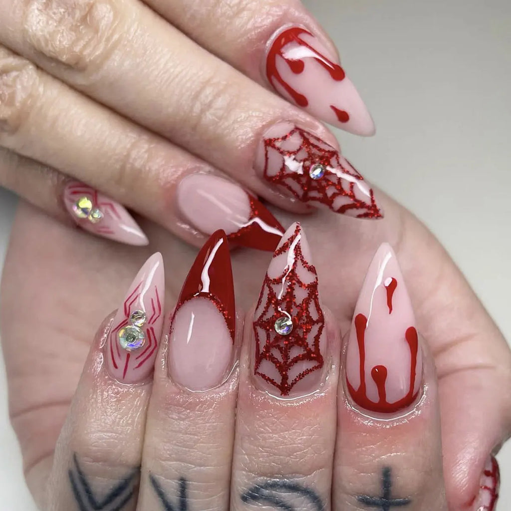 24pc Halloween Press On Nails, Silver Spider Gothic Almond Tips