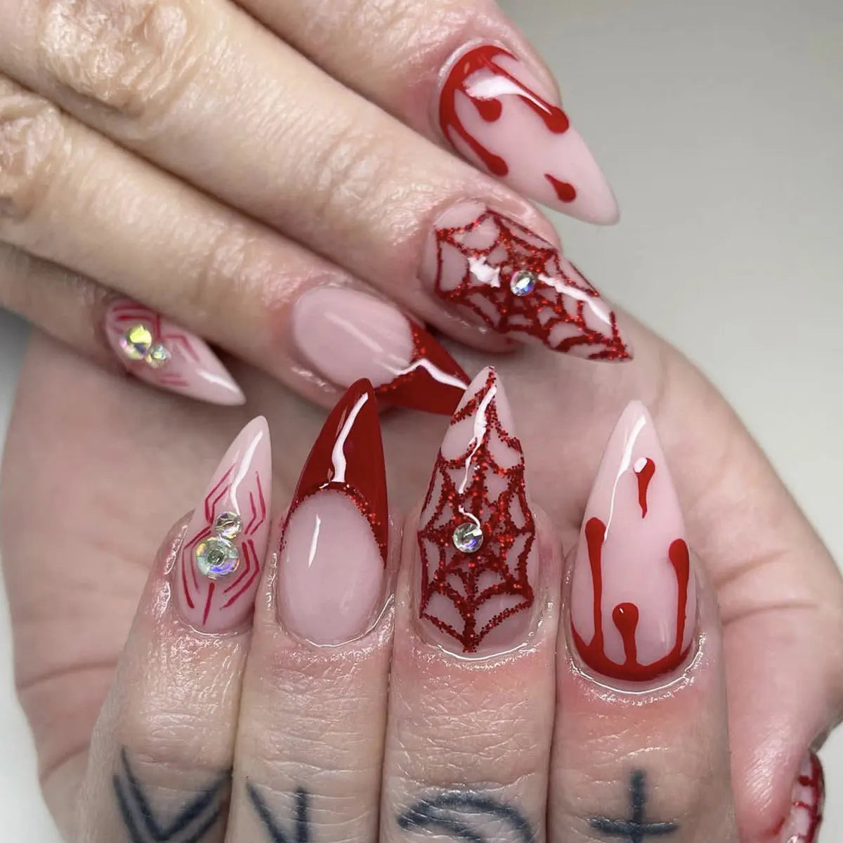 24pc Halloween Press On Nails, Silver Spider Gothic Almond Tips