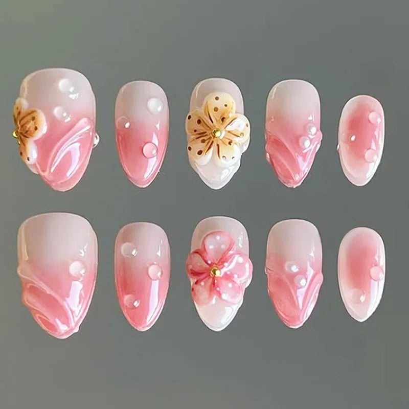 24pcs Press on Nails Flower Pearl Design Short Almond Fake Nails Gradient Pink Design False Nail Art Blush Spicy Girl Manicure