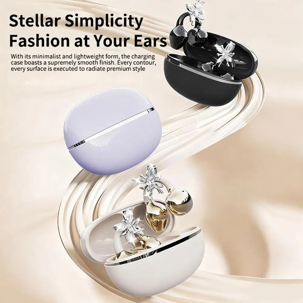 Wireless Open Ear Clip On Earbuds, Bluetooth Crystal Bowknot