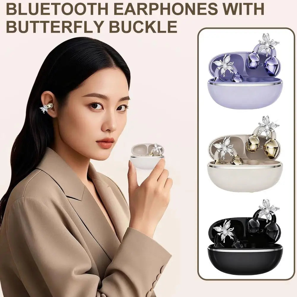 Wireless Open Ear Clip On Earbuds, Bluetooth Crystal Bowknot