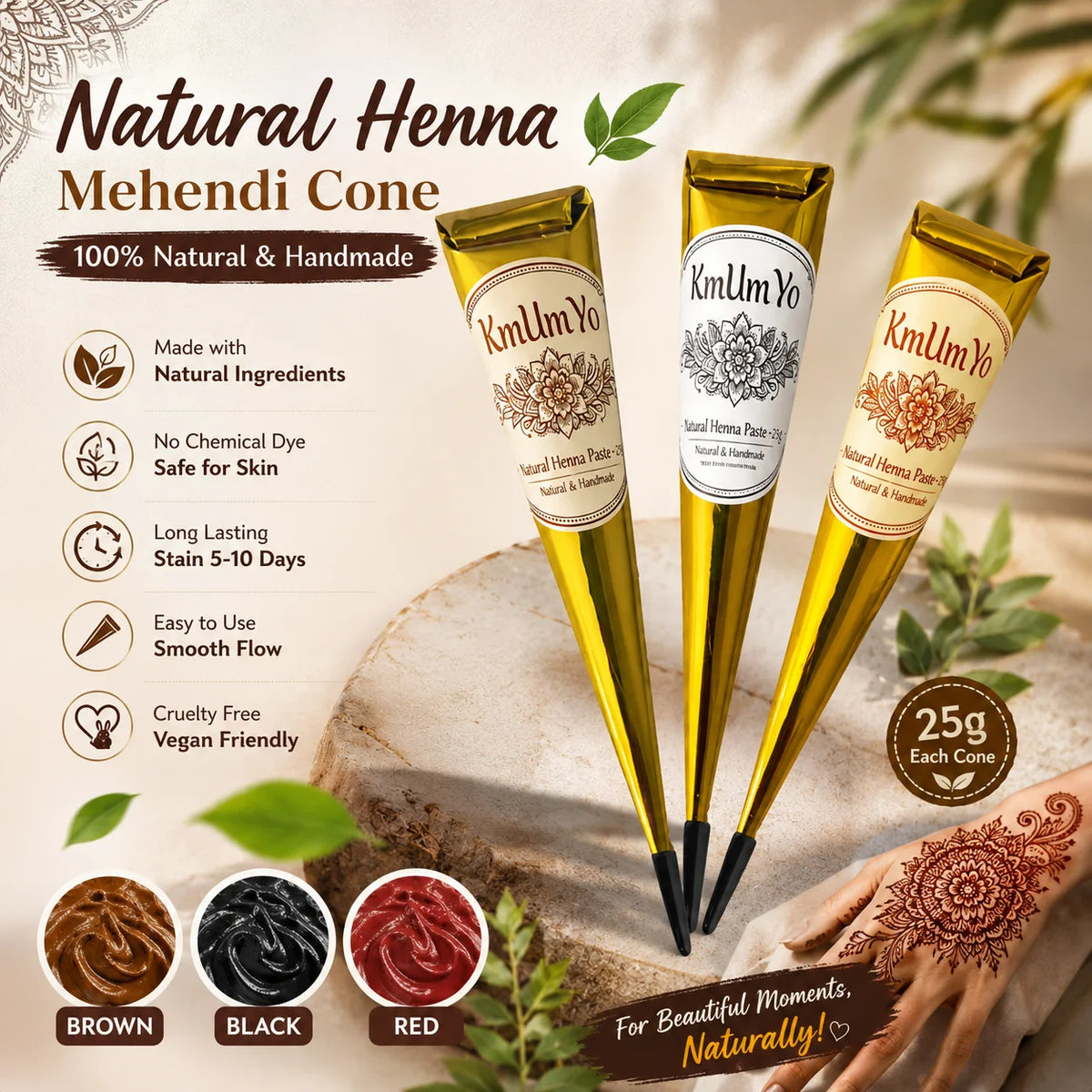 1/3PCS Henna Cone, Brown, Black, Red, Temporary Henna Tattoo, Semi Permanent