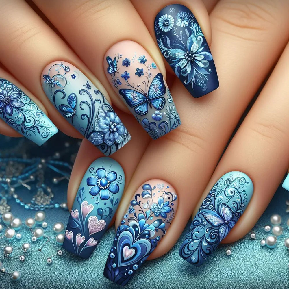 24pcs Mid-length Ballet Fake Acrylic Nails Flower Design Stick on Fake Nail Fashion Square Blue Artifical Wearable Press on Nails Tips Non-Brands
