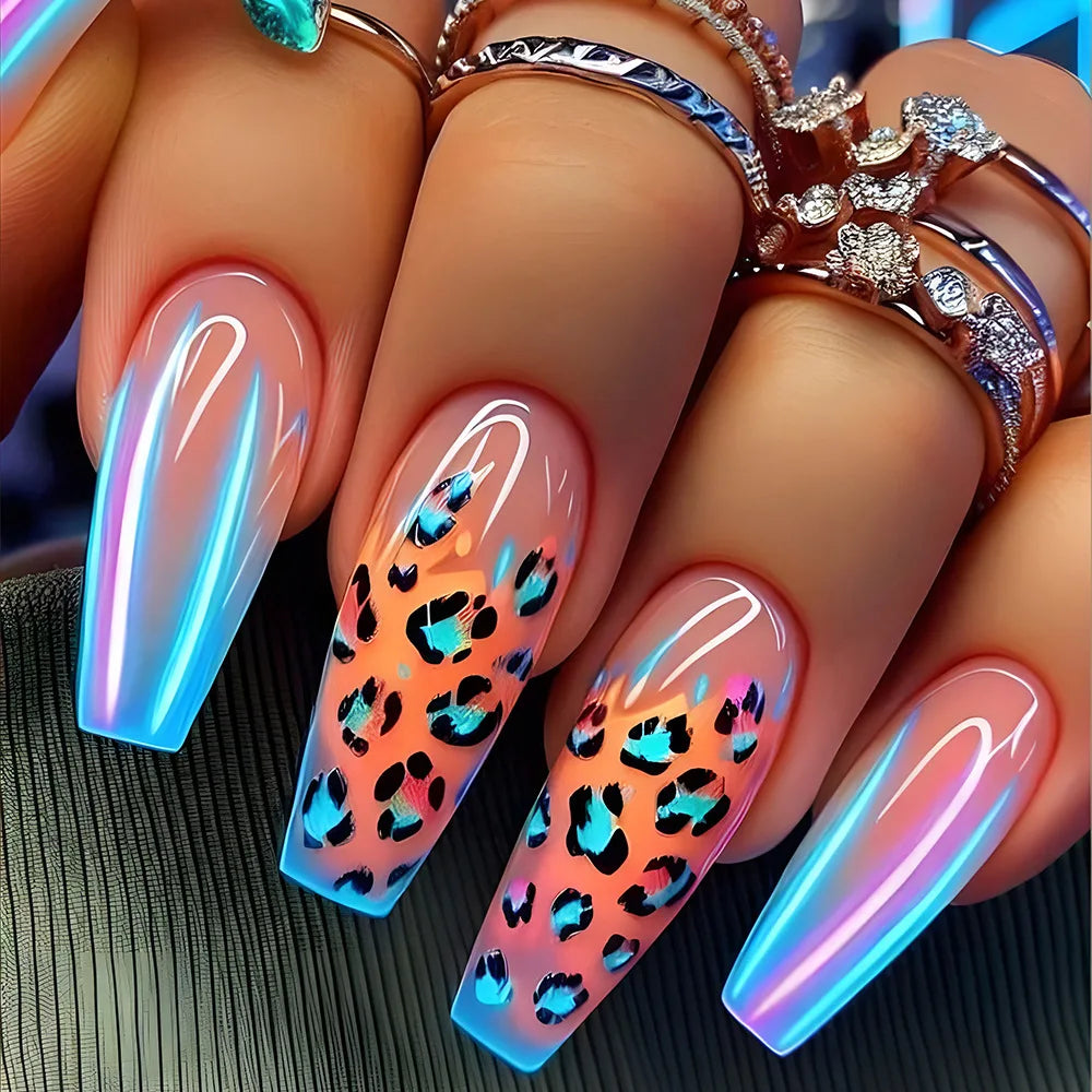 24pcs Mid-length Ballet Fake Acrylic Nails Flower Design Stick on Fake Nail Fashion Square Blue Artifical Wearable Press on Nails Tips Non-Brands