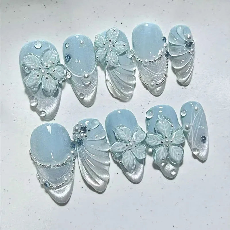 24pcs 3D Cat Eye Blue Gradient Misty Shiny Ice Clear Floral Pearl Press On Nails Glossy Dreamy Sparkling Ins European Luxury Trend Handmade Finished False Nail Patches Skin Brightening Reusable Removable Comfort Fit Manicure