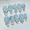 24pcs 3D Cat Eye Blue Gradient Misty Shiny Ice Clear Floral Pearl Press On Nails Glossy Dreamy Sparkling Ins European Luxury Trend Handmade Finished False Nail Patches Skin Brightening Reusable Removable Comfort Fit Manicure