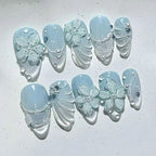 24PCS Blue Cat Eye Press-On Nails | 3D Floral Pearl Glossy