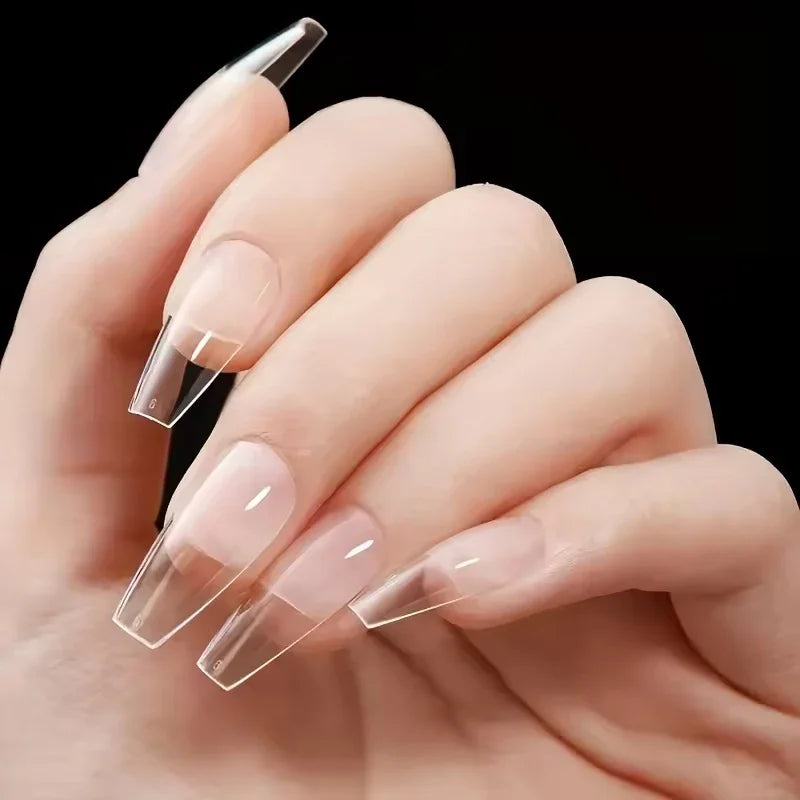 Long Taper Coffin Clear Nail Tips 12 Sizes Full Cover Half Matte Base Acrylic False Nails Storage Box Reusable Soft ABS Nail Extension Tips For Salon DIY Manicure