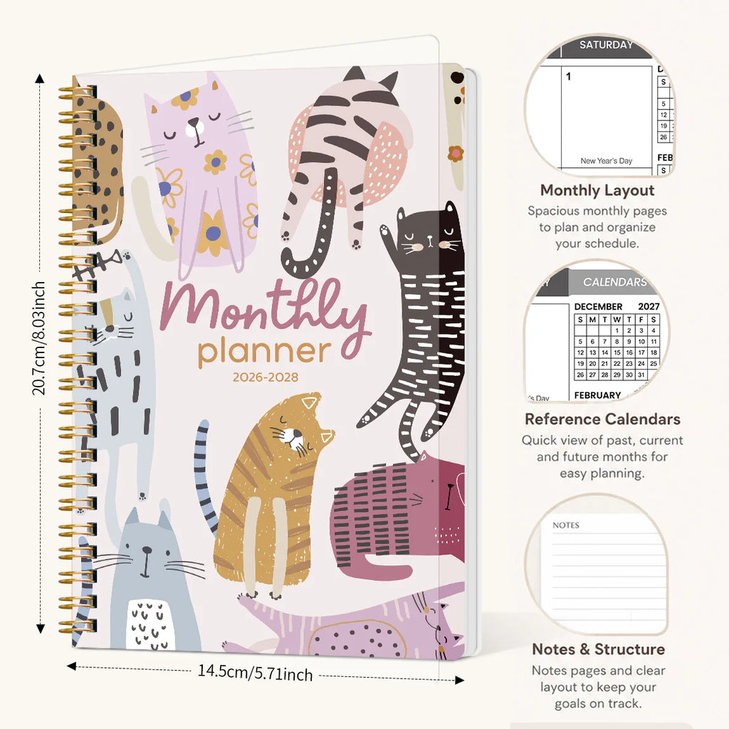 2026 2028 A5 Monthly Planner, Gold Spiral Cat Cover Organizer